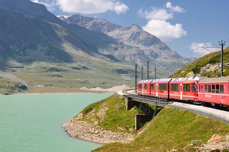 A train of the Rhaetian Railway, Unesco World Heritage Site