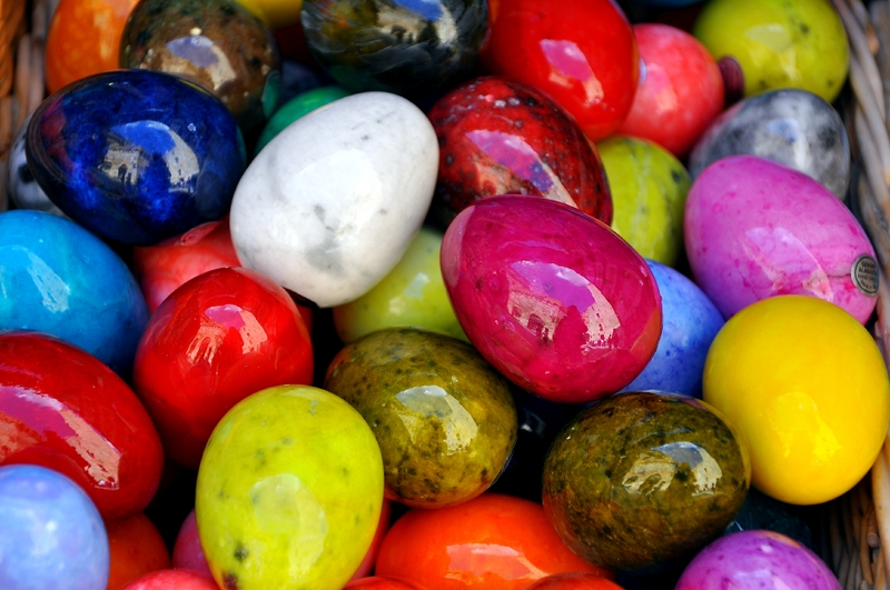 Alabaster colored eggs on sale in Tuscany, Italy. Easter concept.