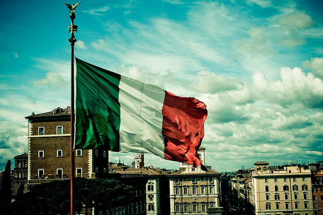One of the Italian flags flying on front of the Altare della Patria, in Rome