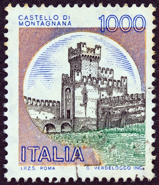 Montagnana Castle on a stamp dating 1980 