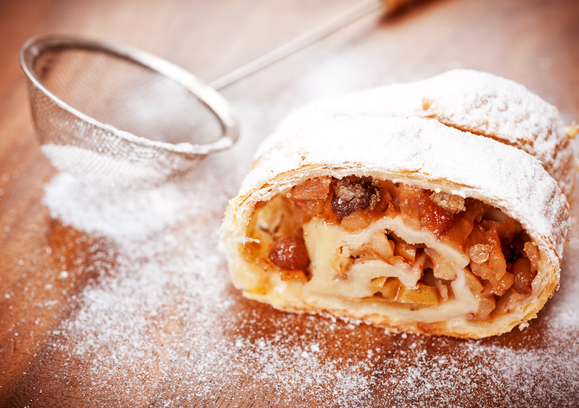 Apple strudel on a wooden board