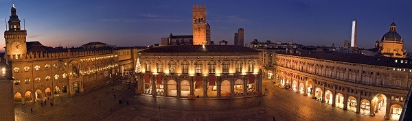 Panoramic view of Piazza Maggiore, the main square in Bologna 
