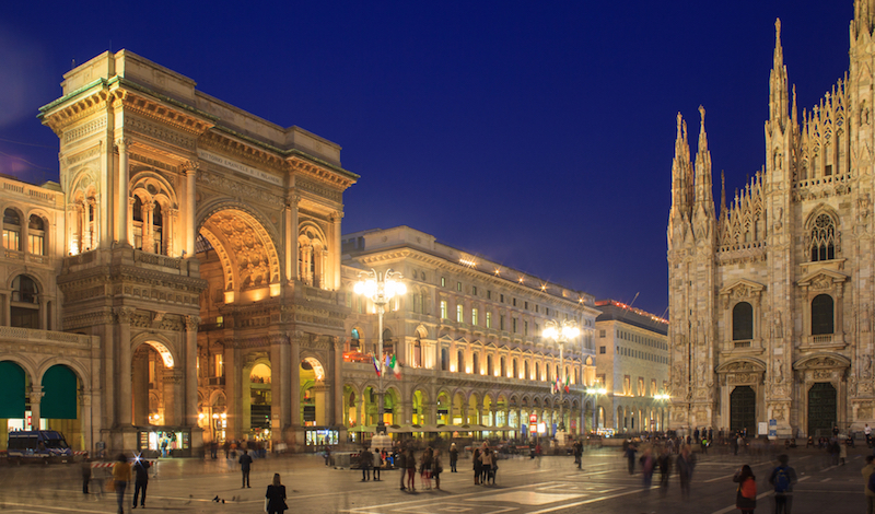 Piazza Duomo in Milan, with the Cathedral and Vittorio Emanuele Gallery. 