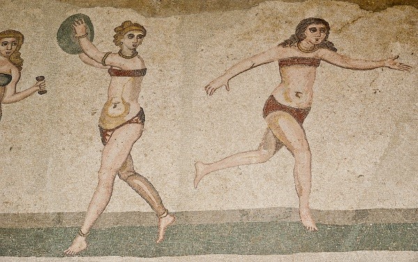 Girls in bikini in a mosaic found in the  Villa Romana del Casale