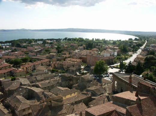 The lake of Bolsena from a hilltop with the city below