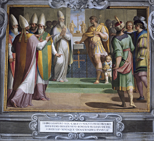 Charlemagne confirms his father's, Pepin the Short, donation to Pope Adrian