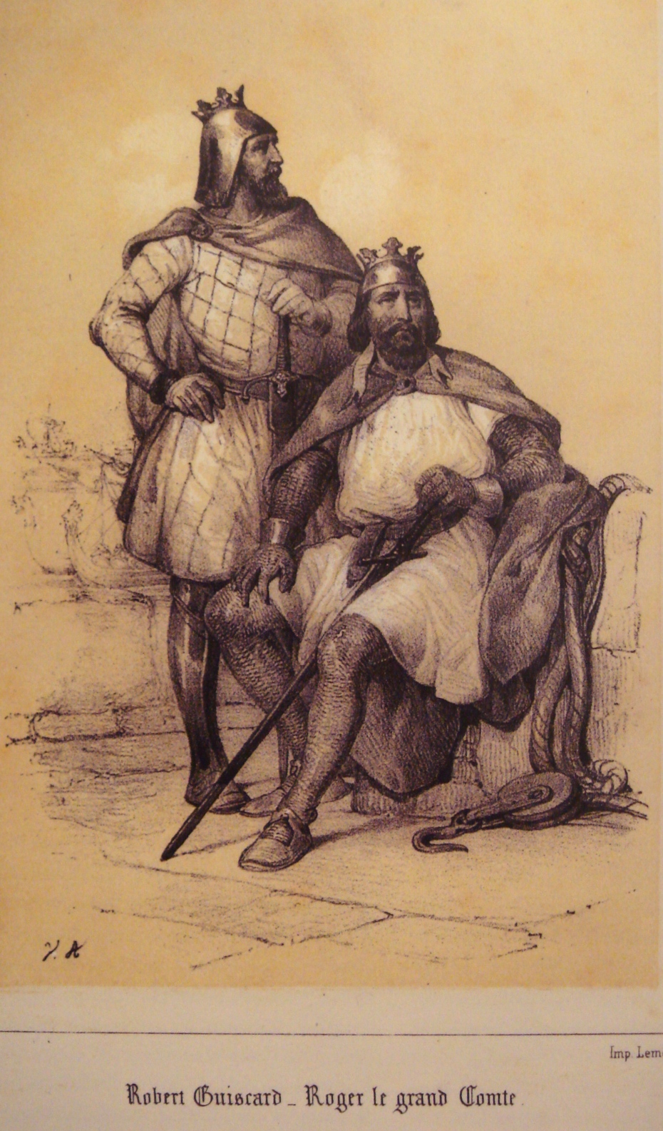 Robert Guiscard and his brother, Roger in a 19th century print by Le Mercier.