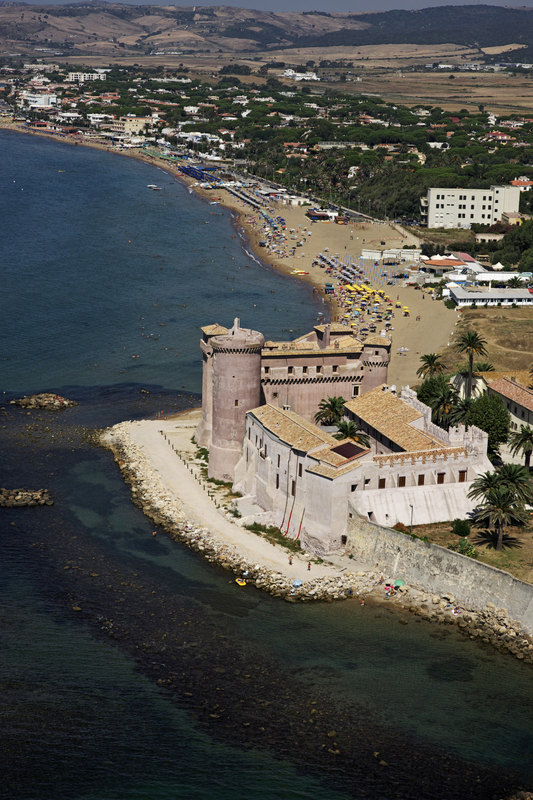 Ladispoli, aerial view of the Tyrrenian coast and the Palo-Odescalchi Castle (1500)