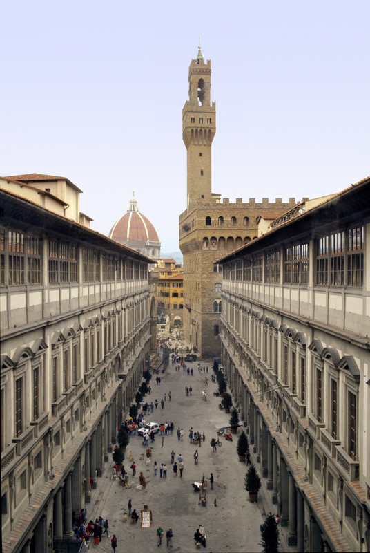 Unique outlook showing Uffizi Gallery, Palazzo Vecchio and Duomo