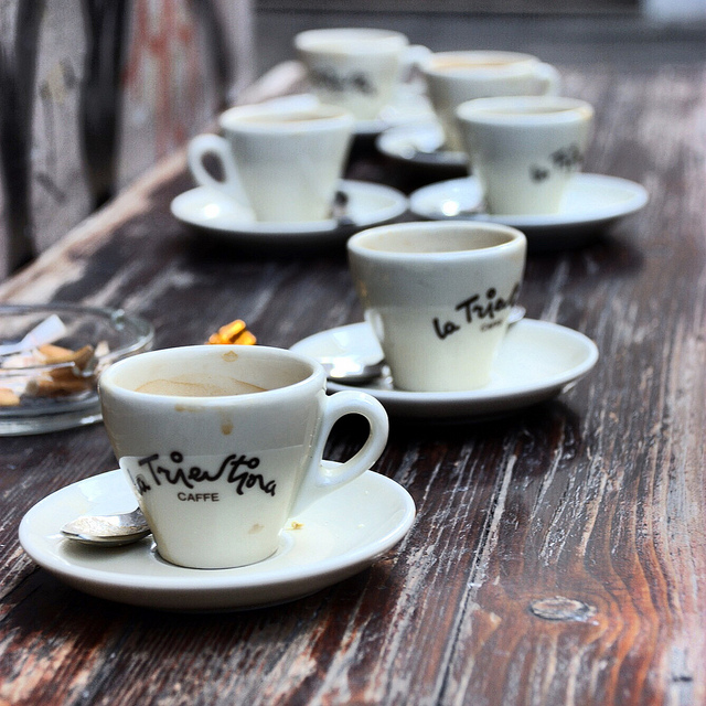 Italian coffee: espresso cups on a table in Trieste