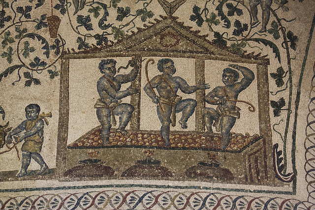 Wine making as shown on a ceiling mosaic at the Mausoleum of Santa Costanza, Rome.