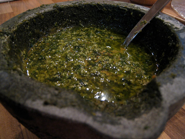 Genoese pesto, still in the stone mortar traditionally used to make it 