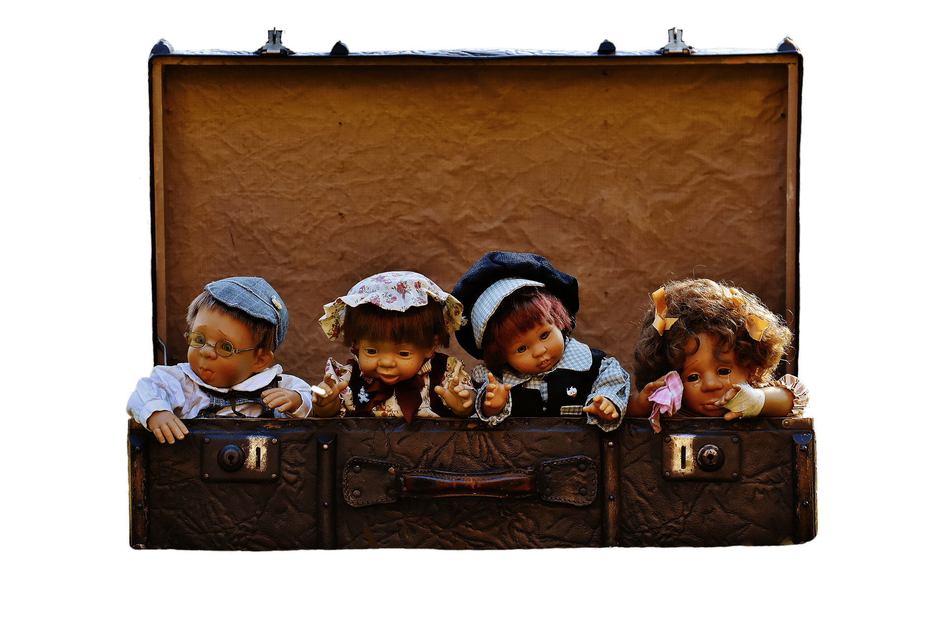 Et collection. Старый чемодан с куклами. Детки в чемоданах. Кукла старик в чемодане рисунок. Сахарная картинка малыш в чемодане.