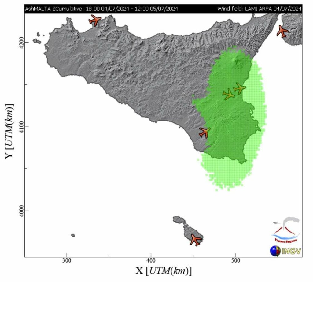 Etna eruption - Forecast model indicating ash dispersion