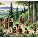 DALL·E 2024-11-04 12.48.43 – A watercolor-style illustration of a small group of hunter-gatherers in a lush, forested landscape. The adults, including men and women, are dressed i